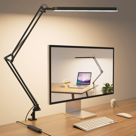 SKYLEO Led Desk Lamp - Desk Light for 31.5" Tall - 5 Color Modes X 11 Brightness Levels - Adjustable Swing Arm - Timmer & Memory Function - 12W Lamp for Desk - Black