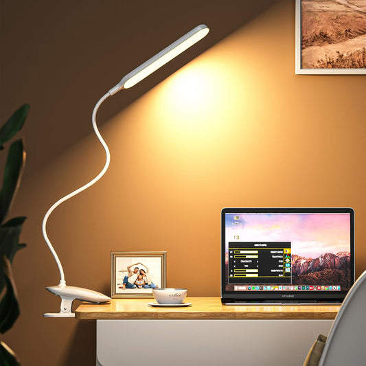 NYBFPCT Desk Lamp, Table Lamp 1500mAh Dimmable Reading Lamp with Clamp and Type-C Charging Port, Desk Light for Home Office Reading Working Studying Gooseneck Adjustable Flexible - White