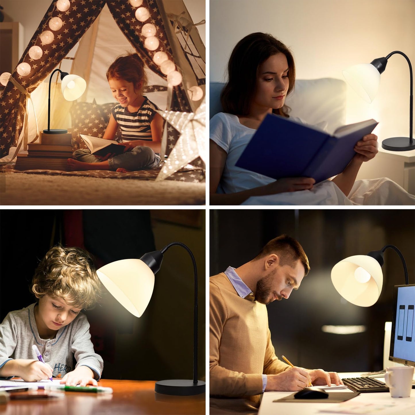 LED Desk Lamp for Home Office, 3 Levels Dimmable Reading Light Flexible Gooseneck Table Lamp for Bedside Office, Rotary Switch Control, Bulb Included