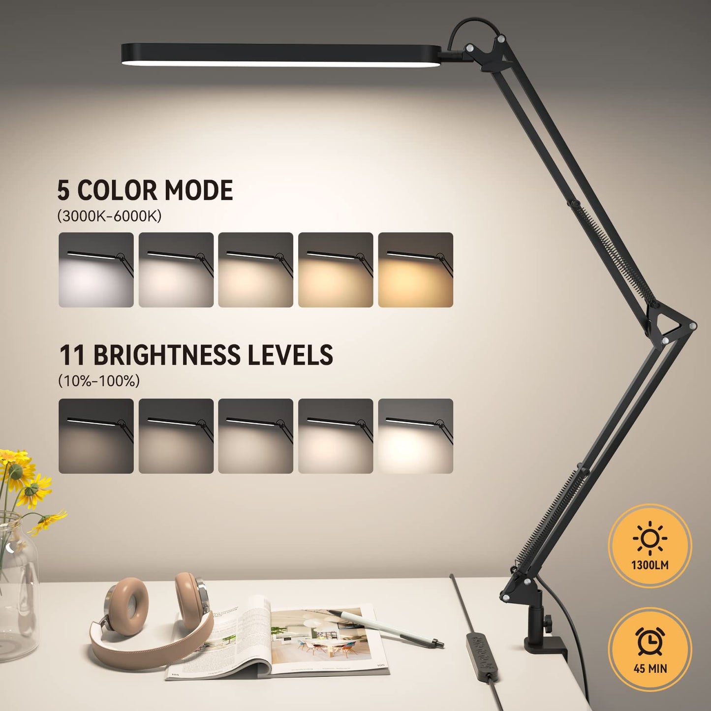 SKYLEO Led Desk Lamp - Desk Light for 31.5" Tall - 5 Color Modes X 11 Brightness Levels - Adjustable Swing Arm - Timmer & Memory Function - 12W Lamp for Desk - Black